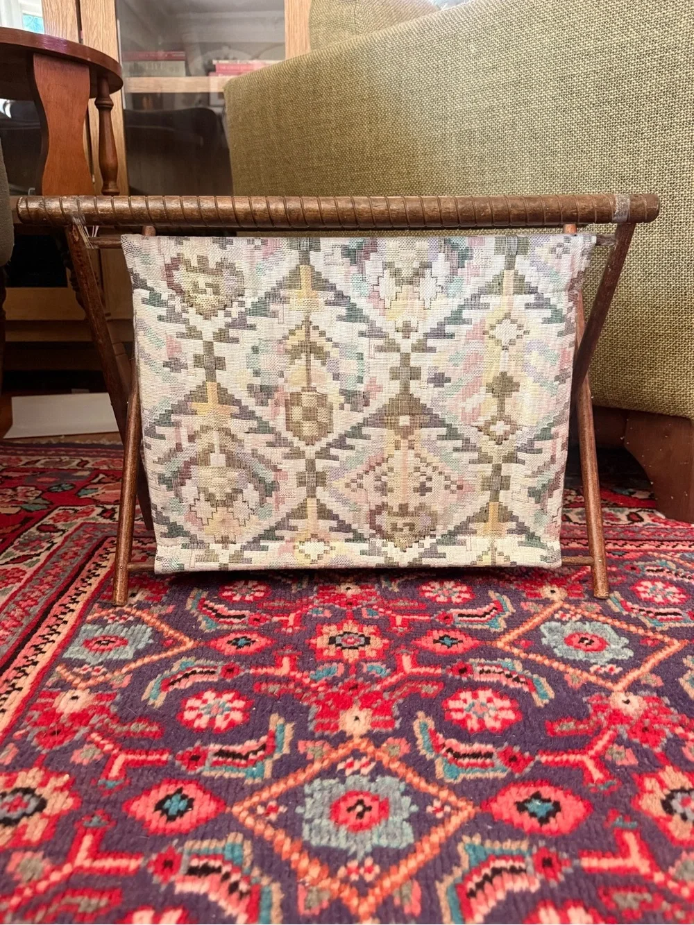 Vintage Tapestry Magazine Rack/Yarn Bag in Muted Pastel Geometric Kilim